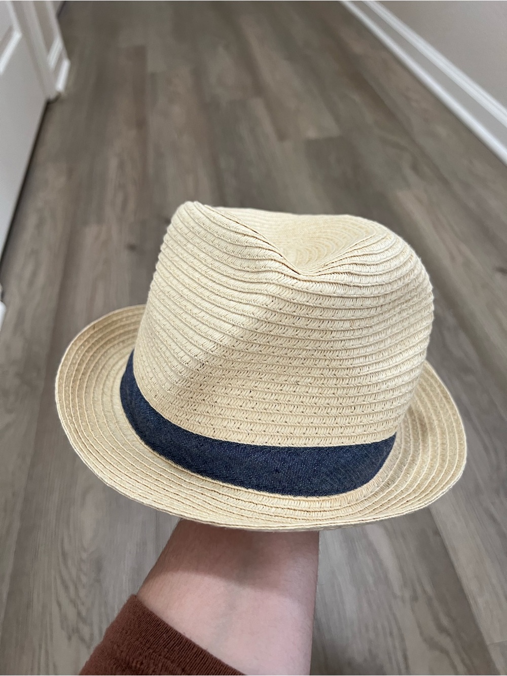 Gap Kids Straw Fedora Hat Natural Beige Blue Band L/XL 54-57cm